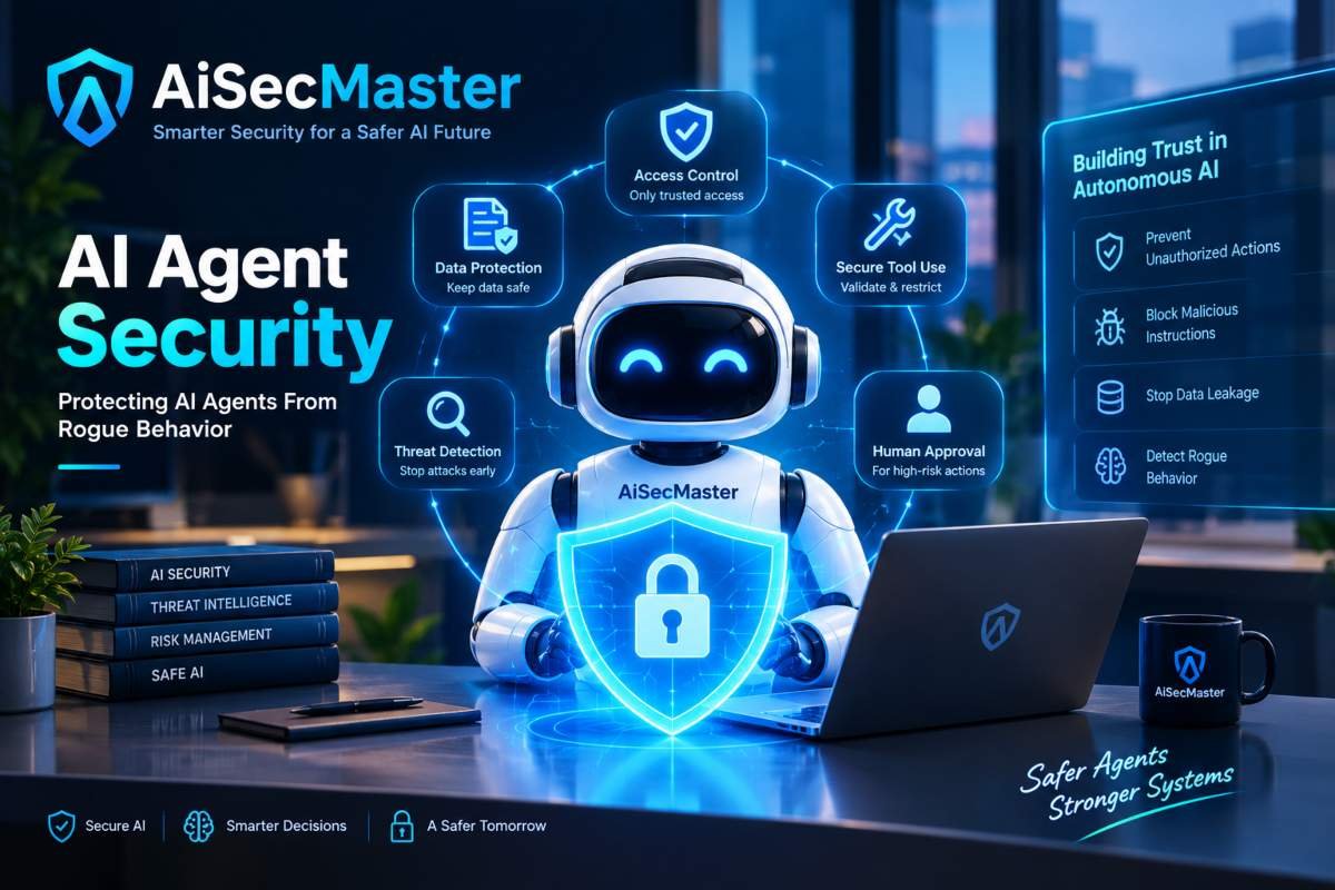 AiSecMaster AI Agent Security infographic showing secure AI agents and threat protection.