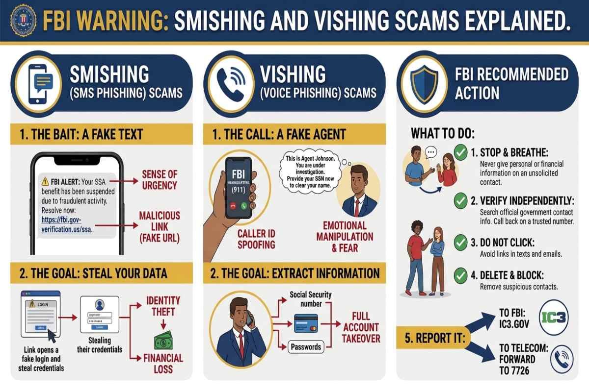 FBI warning smishing vishing scams using fake texts and AI-generated voice calls.