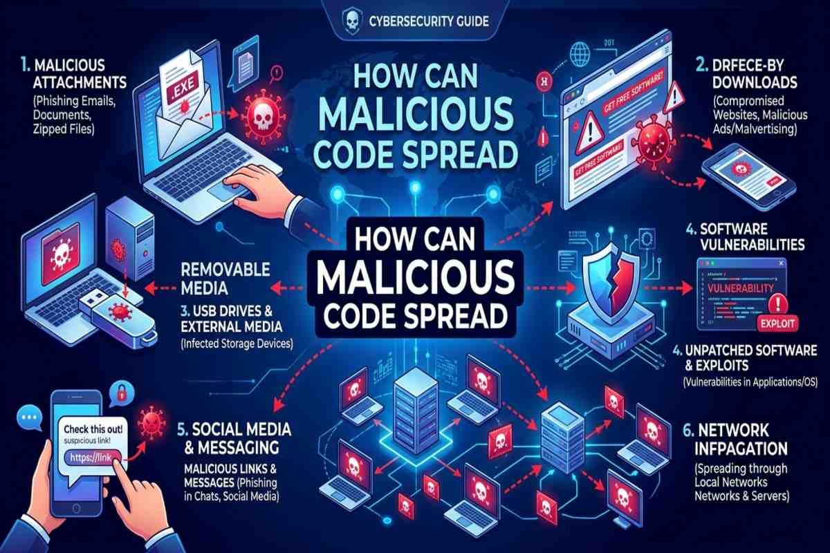 How malicious code spreads through malware attacks and infected files.
