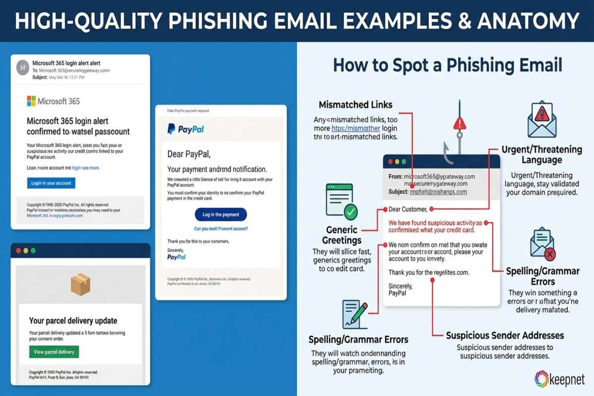 Phishing email examples with fake links and sender details.