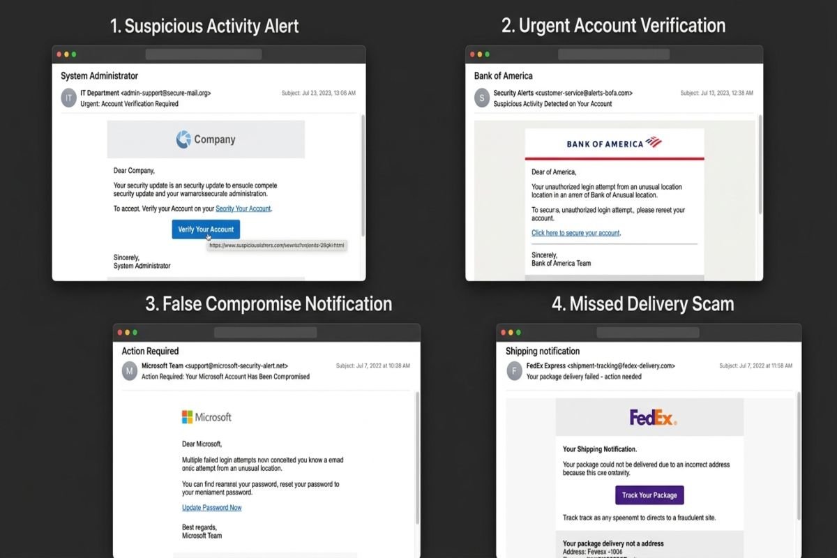 Phishing email examples showing common scam signs.