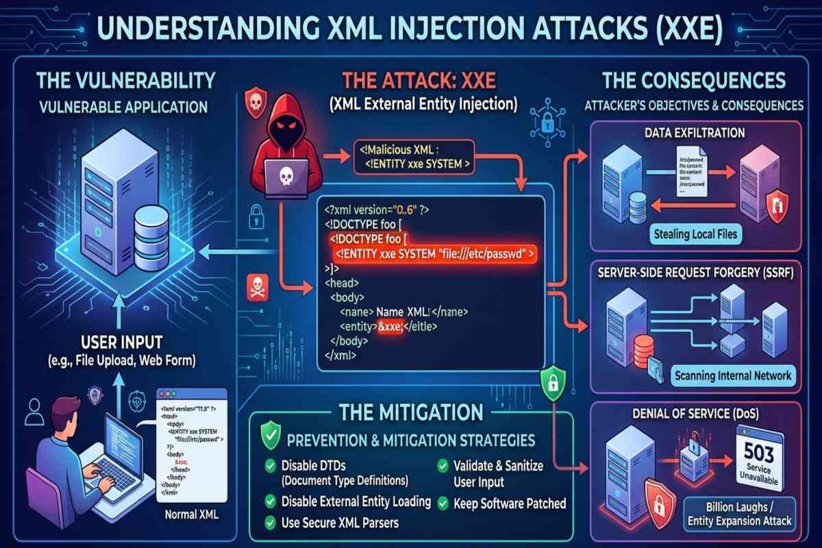 XML Injection attack risks and prevention methods in web applications.