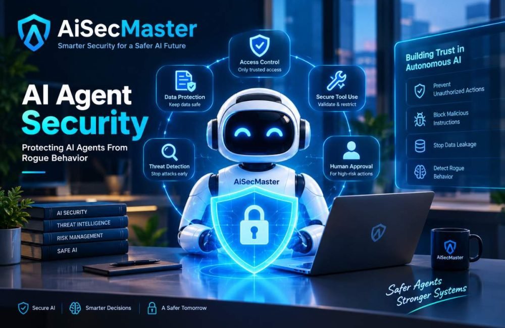 AiSecMaster AI Agent Security infographic showing secure AI agents and threat protection.
