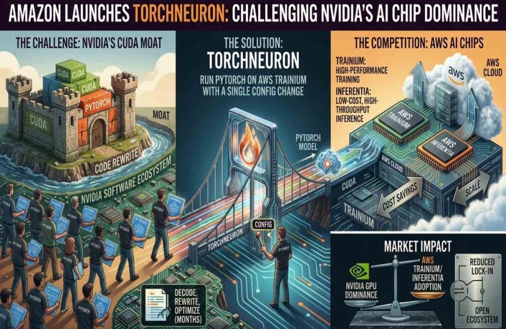 Amazon launches TorchNeuron to run PyTorch on Trainium AI chips and challenge NVIDIA’s AI chip dominance.