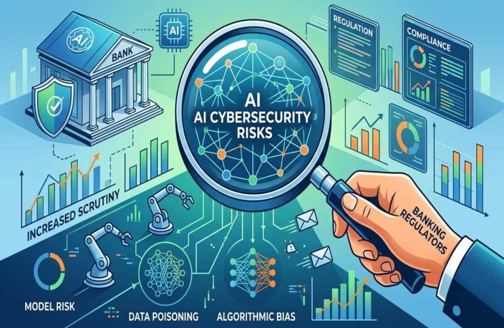 Banking regulators review AI cybersecurity risks to protect financial data and banking systems.