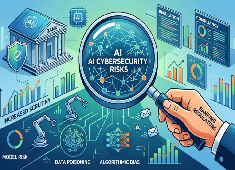 Banking regulators review AI cybersecurity risks to protect financial data and banking systems.