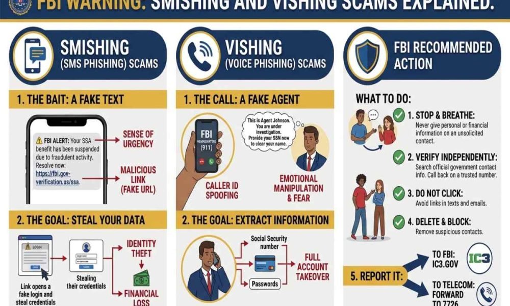 FBI warning smishing vishing scams using fake texts and AI-generated voice calls.