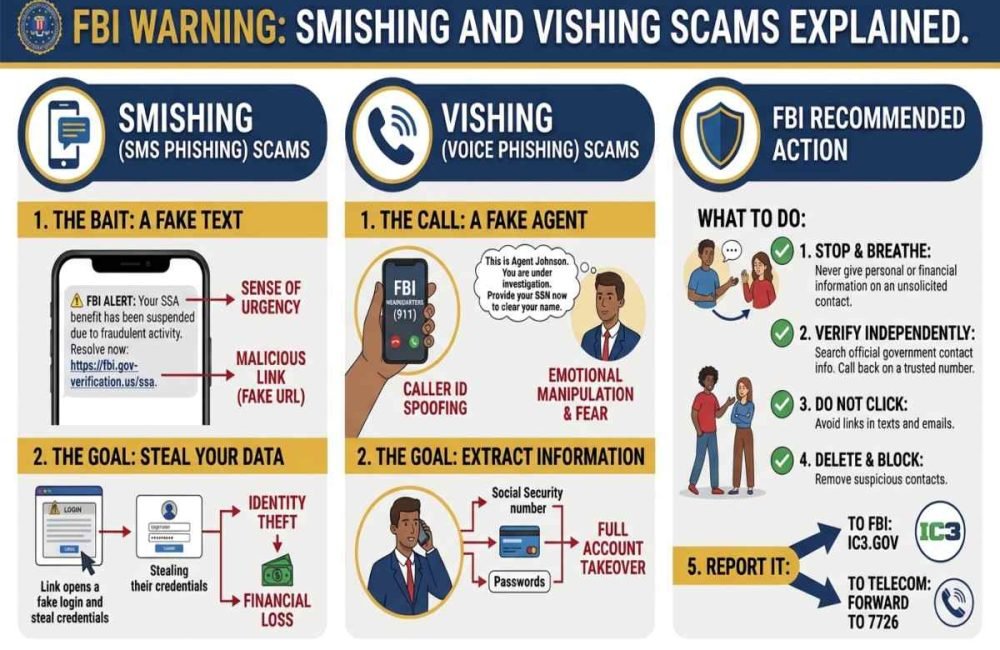 FBI warning smishing vishing scams using fake texts and AI-generated voice calls.