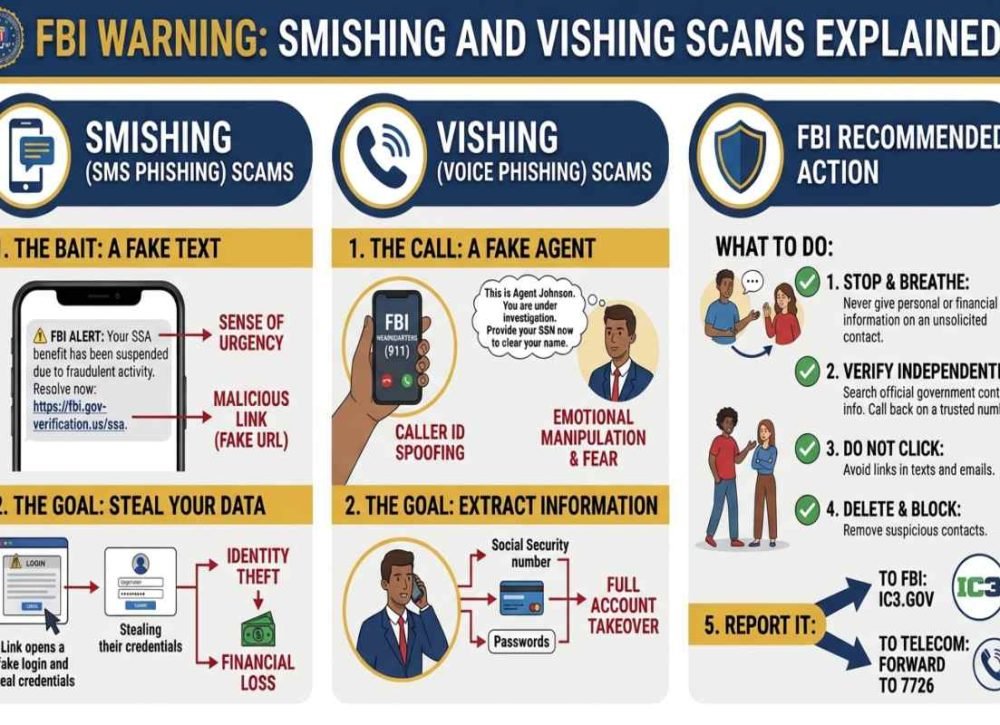 FBI warning smishing vishing scams using fake texts and AI-generated voice calls.