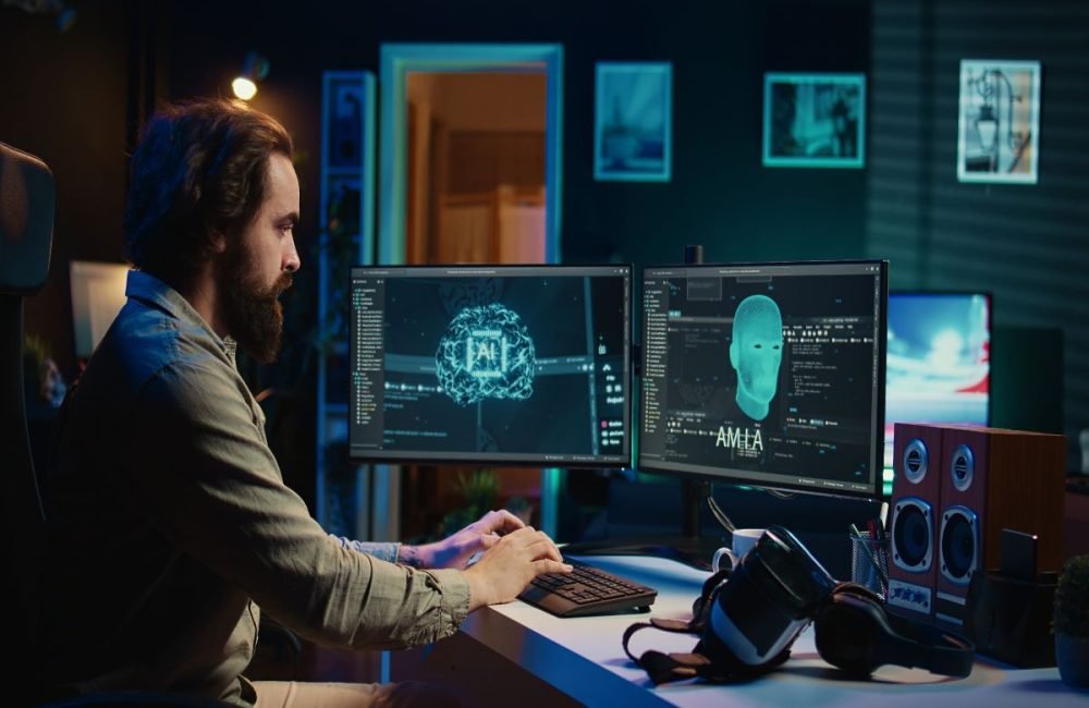 Generative AI analyzing cybersecurity threats and security alerts in a modern security operations center.