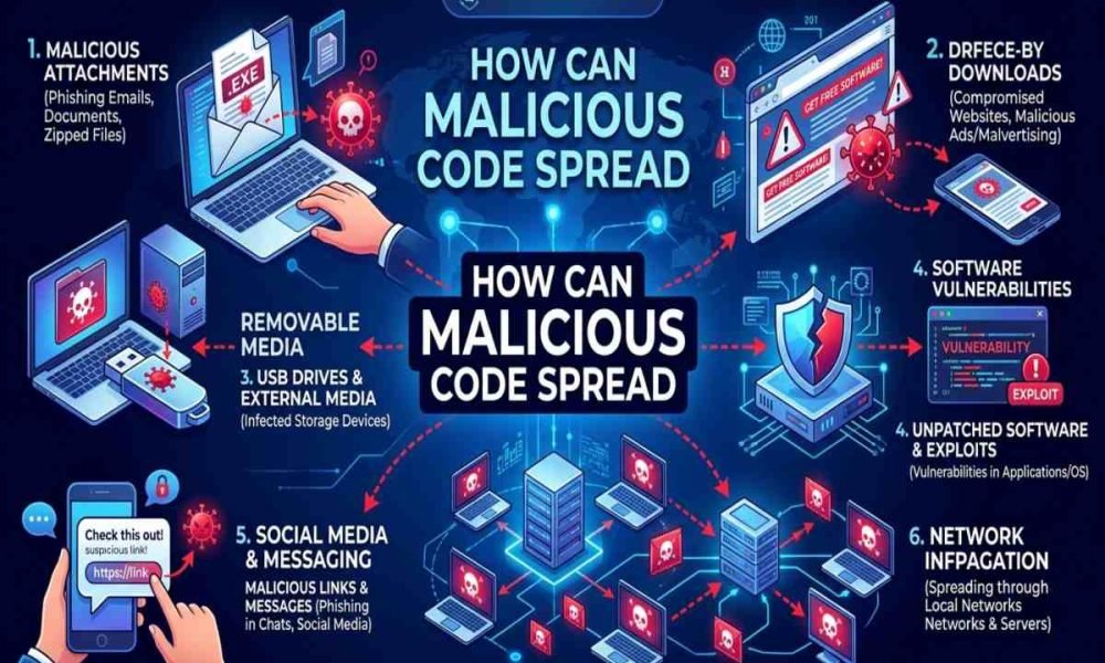 How malicious code spreads through malware attacks and infected files.