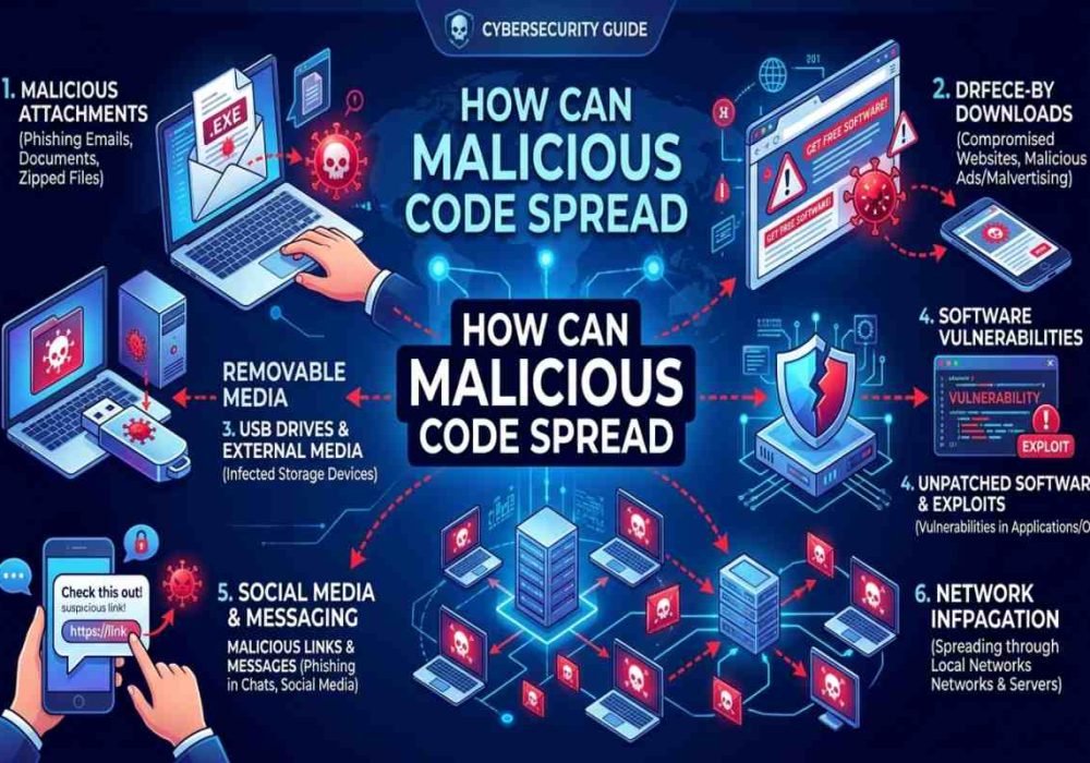 How malicious code spreads through malware attacks and infected files.