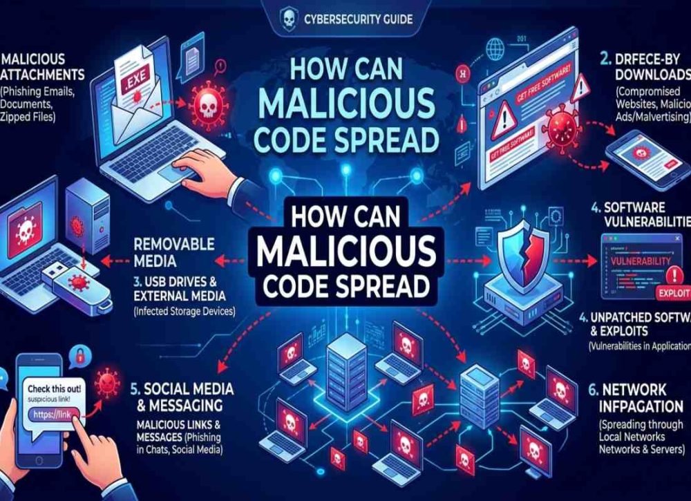 How malicious code spreads through malware attacks and infected files.