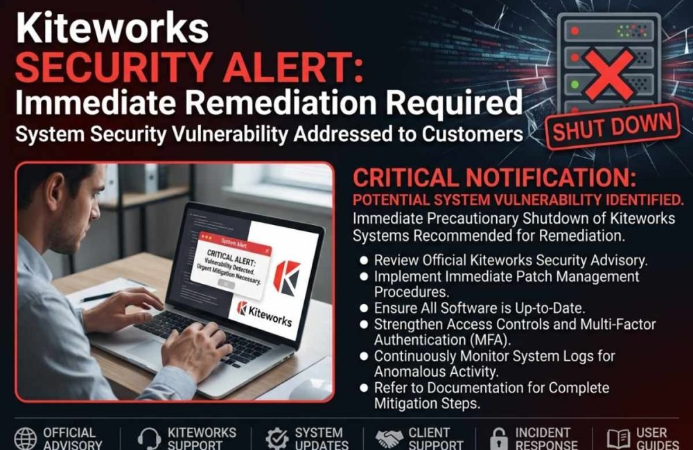 Kiteworks Security Alert warns customers about cybersecurity risks and system shutdowns.