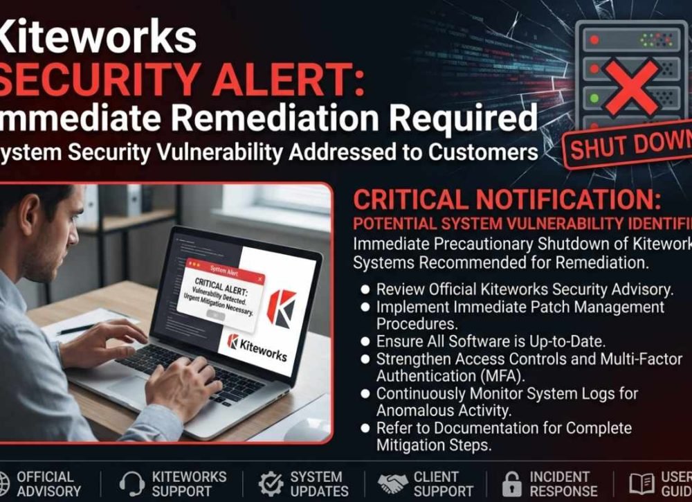 Kiteworks Security Alert warns customers about cybersecurity risks and system shutdowns.