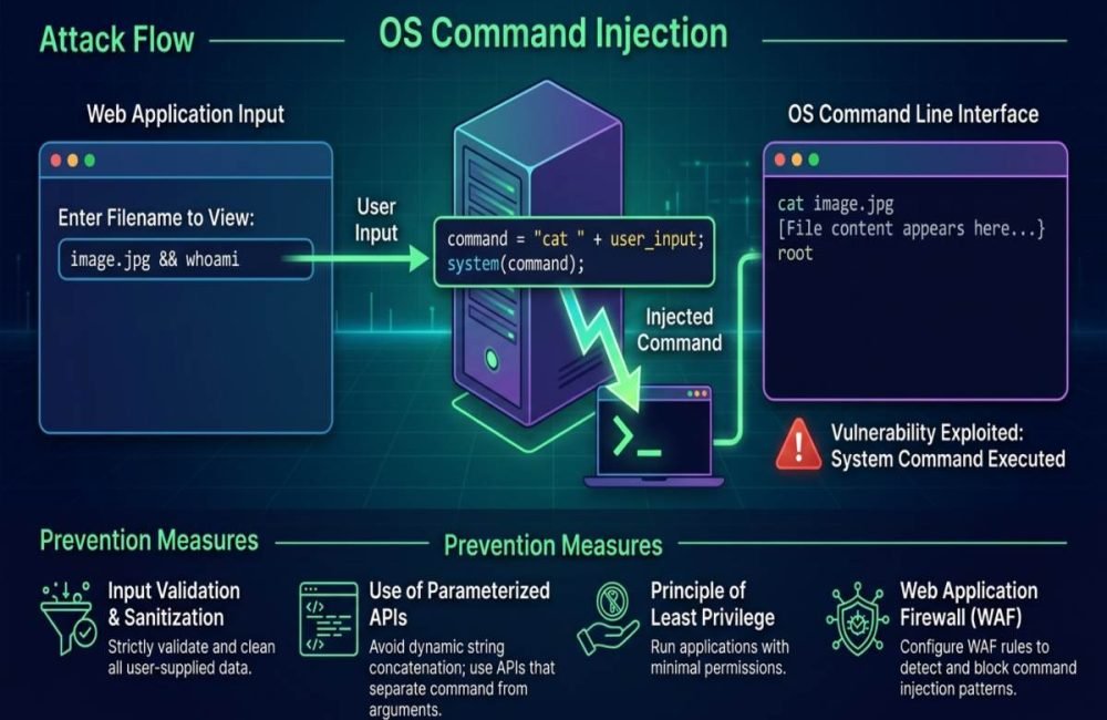 OS Command Injection attacks, risks, and prevention methods.