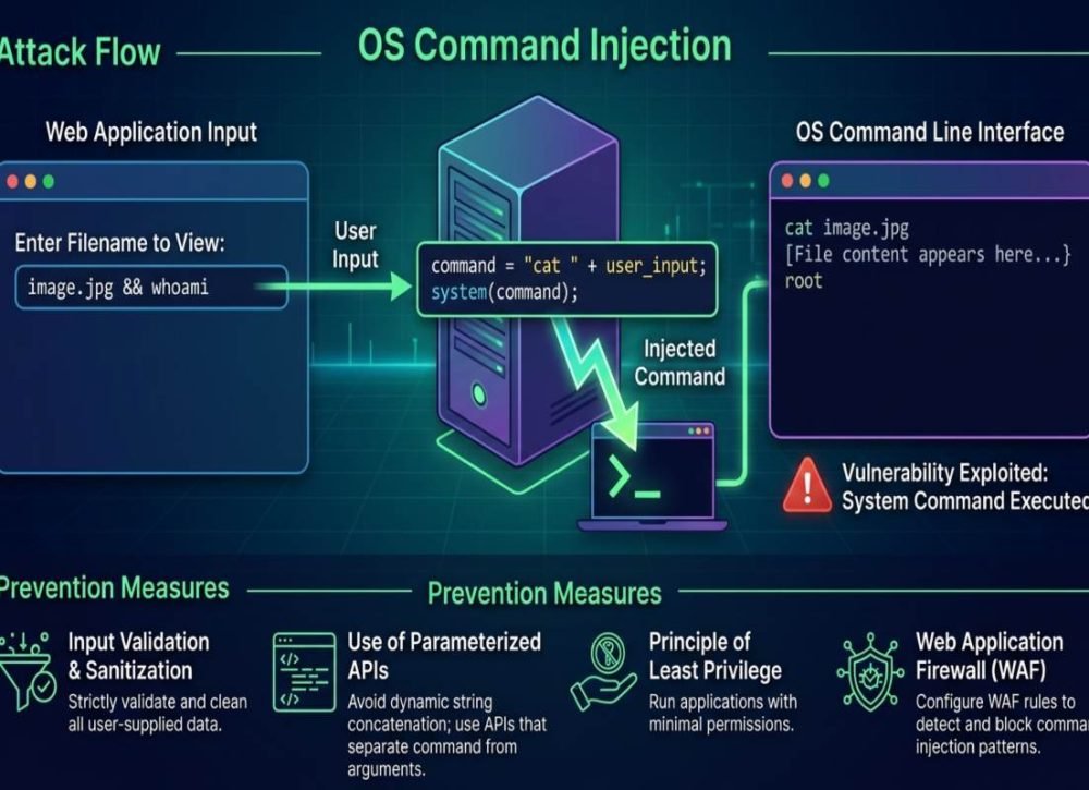 OS Command Injection attacks, risks, and prevention methods.