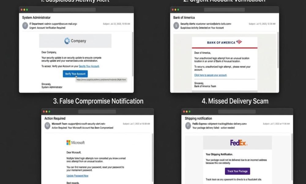 Phishing email examples showing common scam signs.