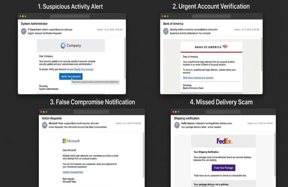 Phishing email examples showing common scam signs.