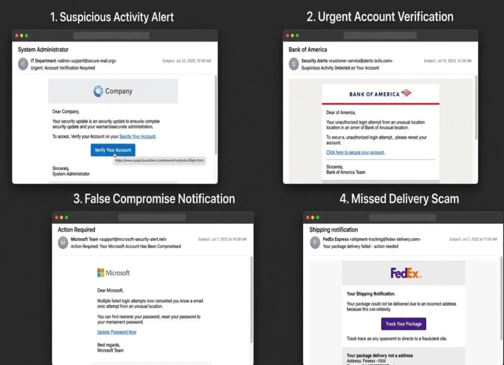 Phishing email examples showing common scam signs.