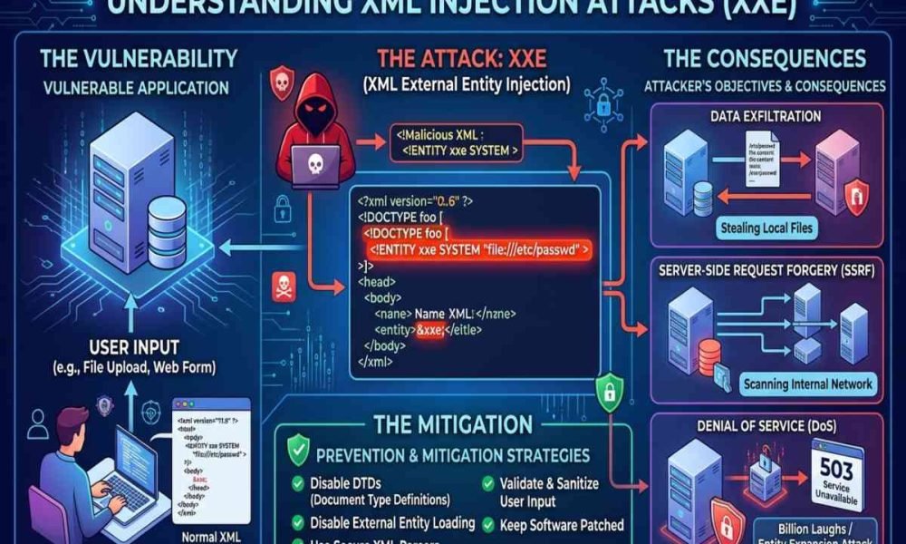 XML Injection attack risks and prevention methods in web applications.