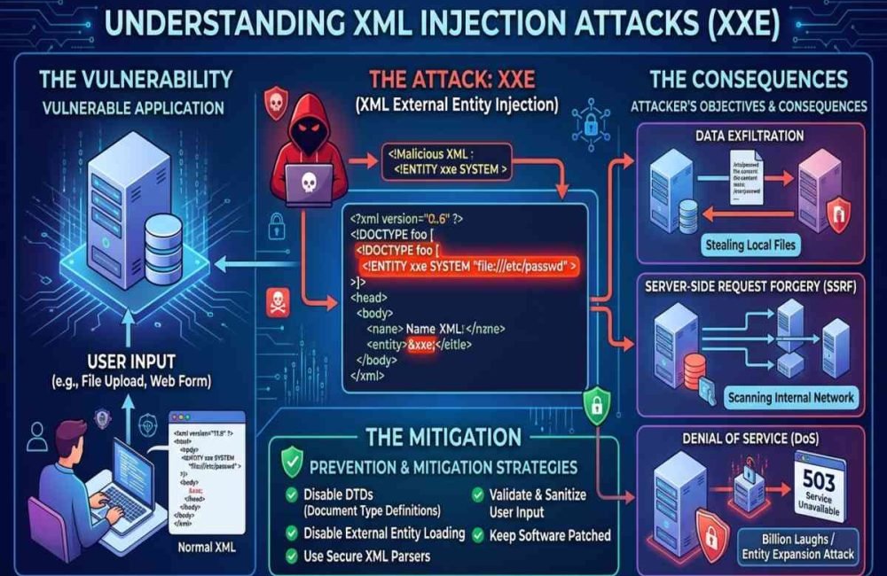 XML Injection attack risks and prevention methods in web applications.