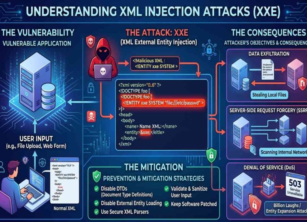 XML Injection attack risks and prevention methods in web applications.
